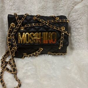 Moschino Black Quilted Bag with Gold Chain and Logo
